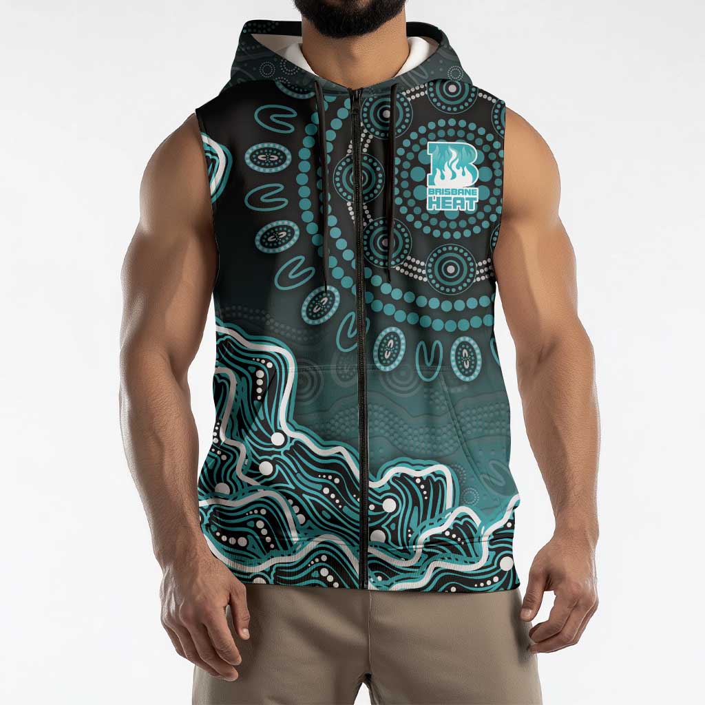 Brisbane Heat Cricket Mascot Sleeveless Zip Hoodie Aboriginal Dot Art Cyan And Black Tribal Pattern