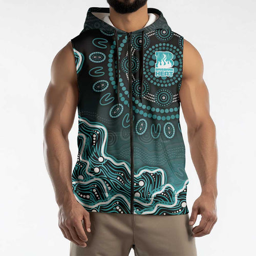 Brisbane Heat Cricket Mascot Sleeveless Zip Hoodie Aboriginal Dot Art Cyan And Black Tribal Pattern