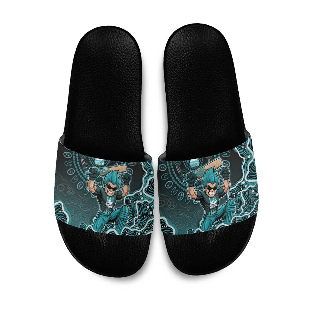 Brisbane Heat Cricket Mascot Slide Sandals Aboriginal Dot Art Cyan And Black Tribal Pattern