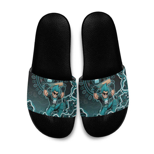 Brisbane Heat Cricket Mascot Slide Sandals Aboriginal Dot Art Cyan And Black Tribal Pattern
