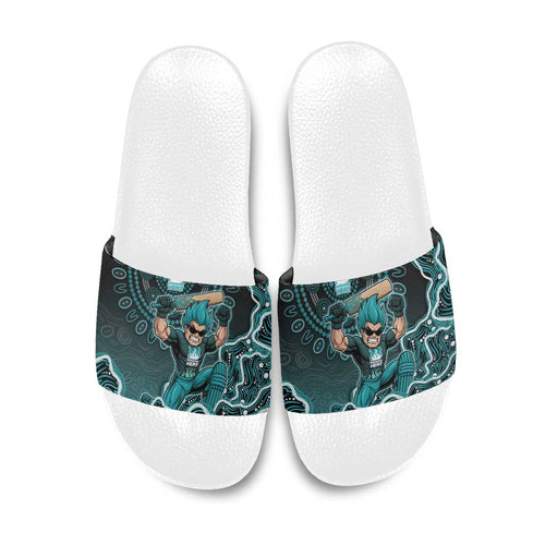Brisbane Heat Cricket Mascot Slide Sandals Aboriginal Dot Art Cyan And Black Tribal Pattern