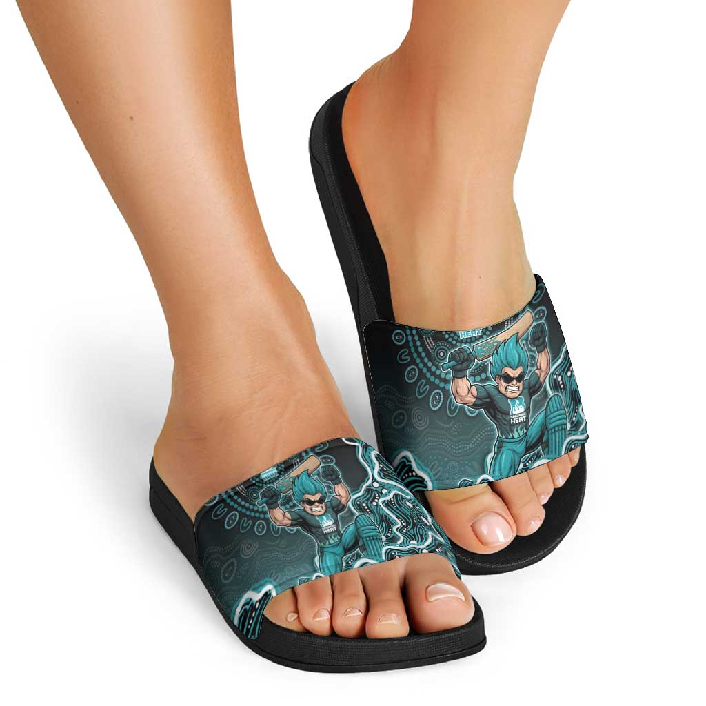 Brisbane Heat Cricket Mascot Slide Sandals Aboriginal Dot Art Cyan And Black Tribal Pattern