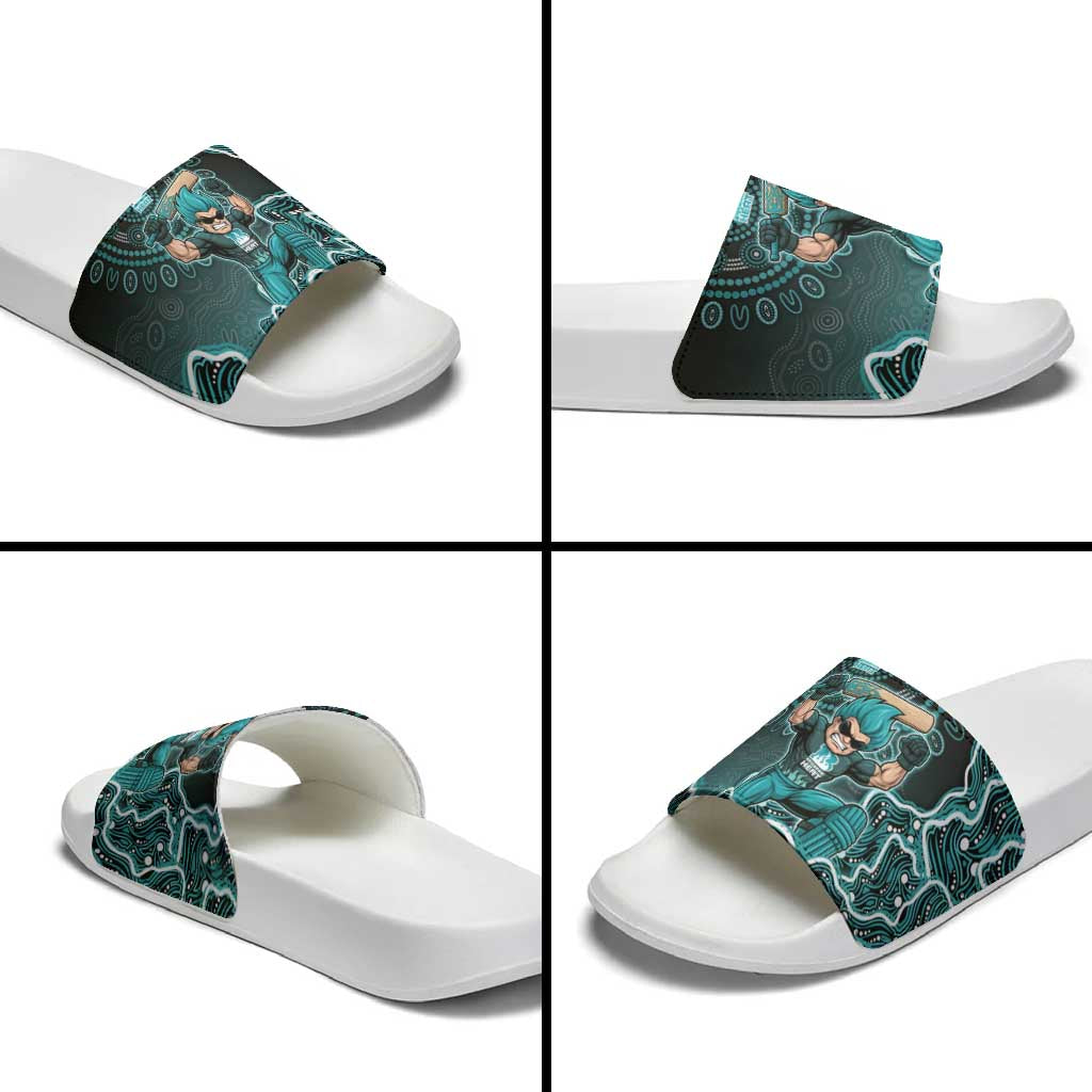 Brisbane Heat Cricket Mascot Slide Sandals Aboriginal Dot Art Cyan And Black Tribal Pattern