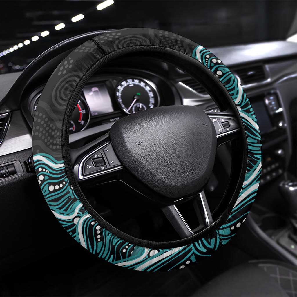 Brisbane Heat Cricket Mascot Steering Wheel Cover Aboriginal Dot Art Cyan And Black Tribal Pattern
