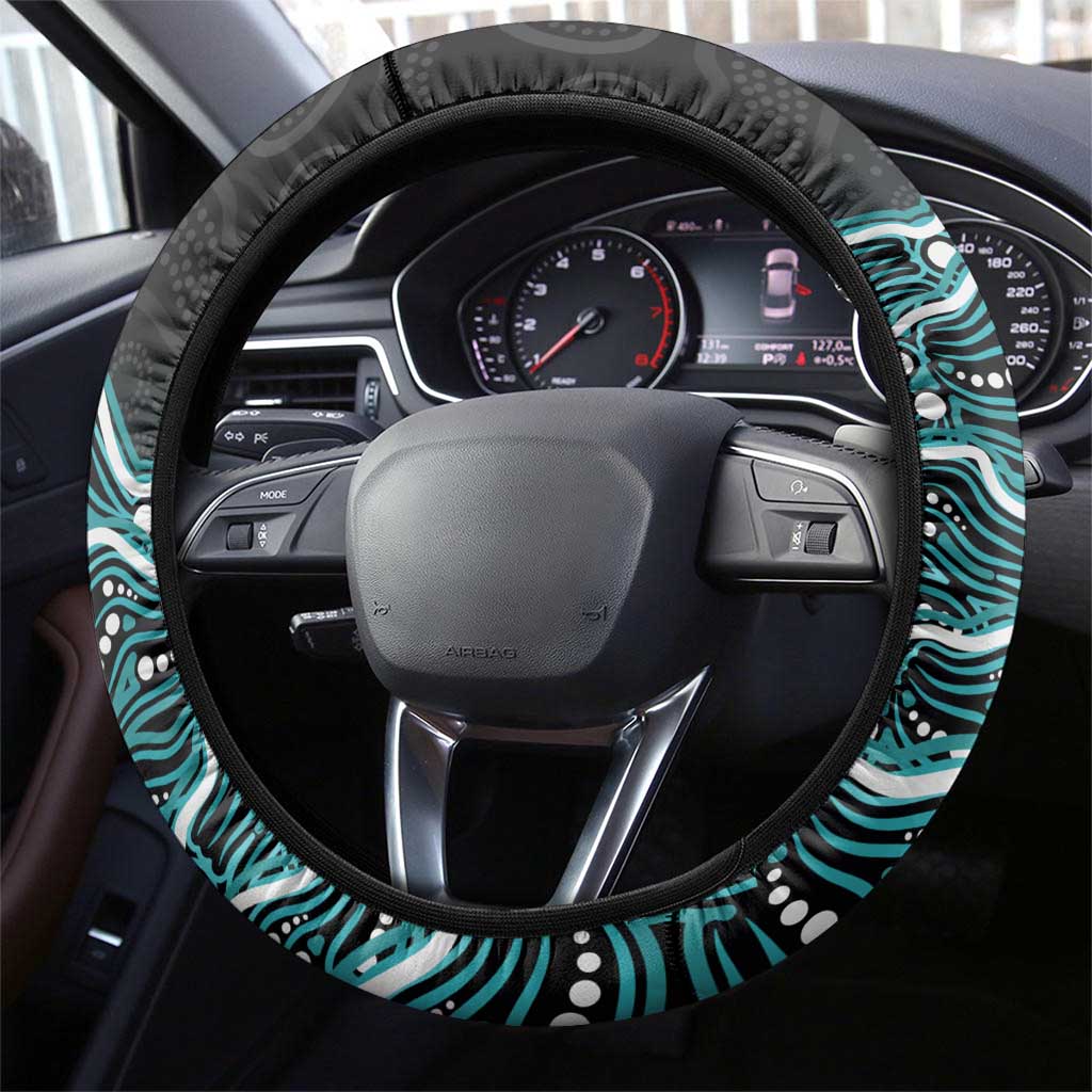 Brisbane Heat Cricket Mascot Steering Wheel Cover Aboriginal Dot Art Cyan And Black Tribal Pattern