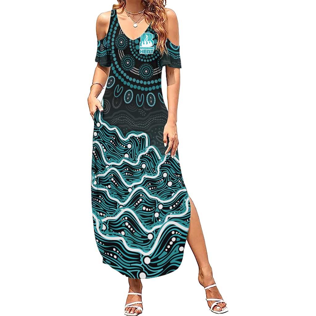 Brisbane Heat Cricket Mascot Summer Maxi Dress Aboriginal Dot Art Cyan And Black Tribal Pattern