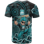 Brisbane Heat Cricket Mascot T Shirt Aboriginal Dot Art Cyan And Black Tribal Pattern