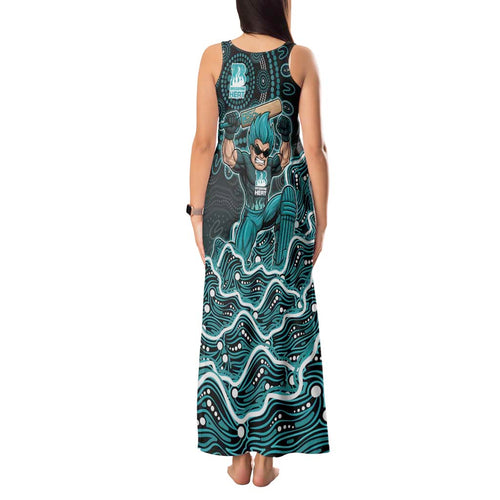 Brisbane Heat Cricket Mascot Tank Maxi Dress Aboriginal Dot Art Cyan And Black Tribal Pattern
