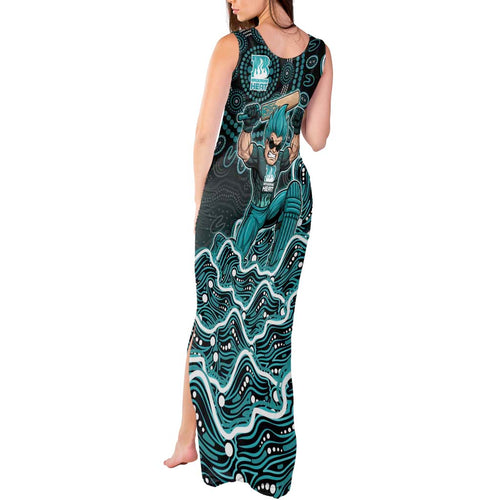 Brisbane Heat Cricket Mascot Tank Maxi Dress Aboriginal Dot Art Cyan And Black Tribal Pattern