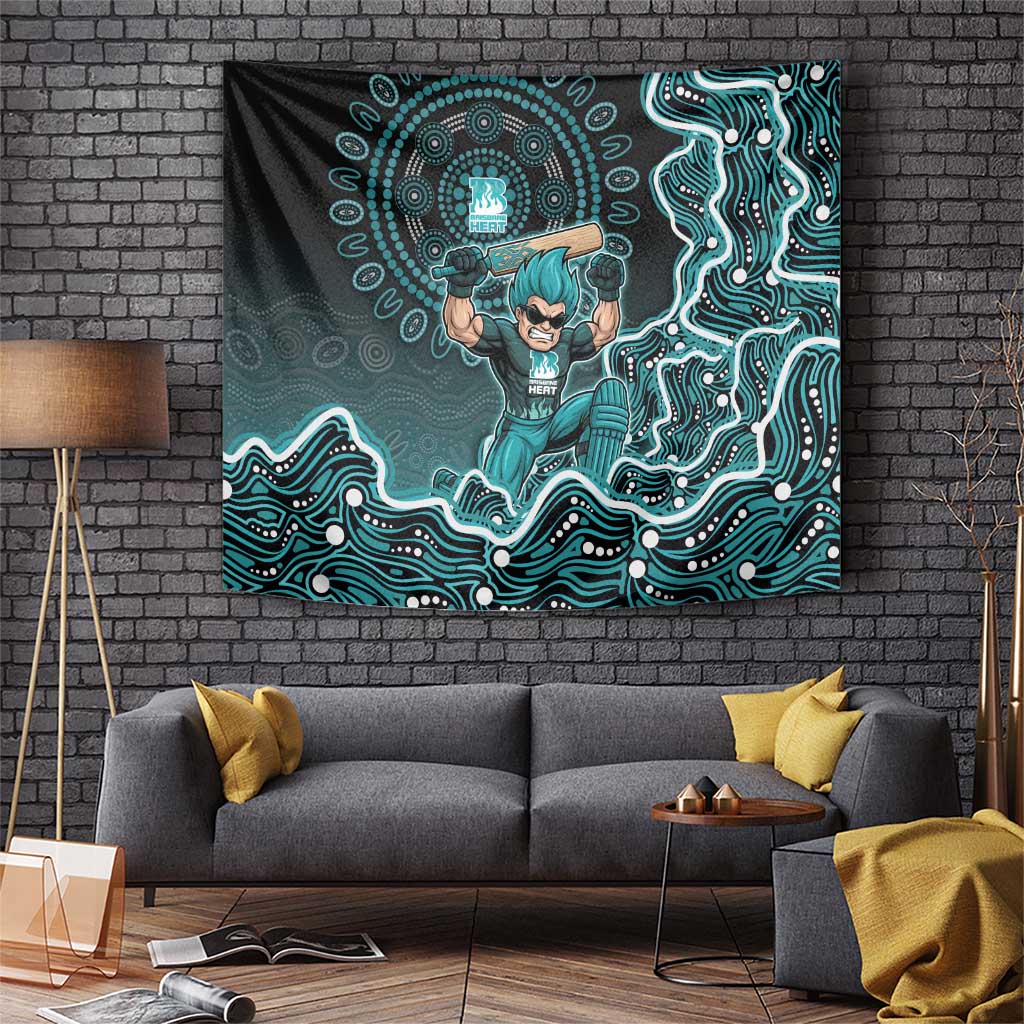 Brisbane Heat Cricket Mascot Tapestry Aboriginal Dot Art Cyan And Black Tribal Pattern