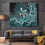 Brisbane Heat Cricket Mascot Tapestry Aboriginal Dot Art Cyan And Black Tribal Pattern