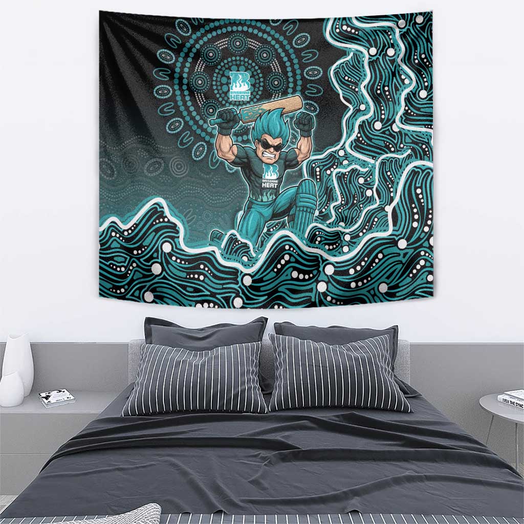 Brisbane Heat Cricket Mascot Tapestry Aboriginal Dot Art Cyan And Black Tribal Pattern