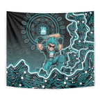 Brisbane Heat Cricket Mascot Tapestry Aboriginal Dot Art Cyan And Black Tribal Pattern