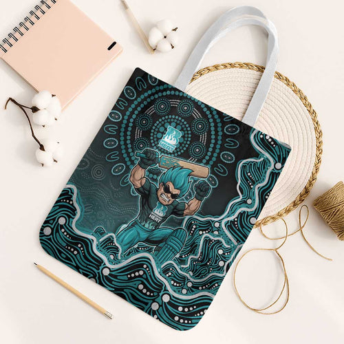 Brisbane Heat Cricket Mascot Tote Bag Aboriginal Dot Art Cyan And Black Tribal Pattern