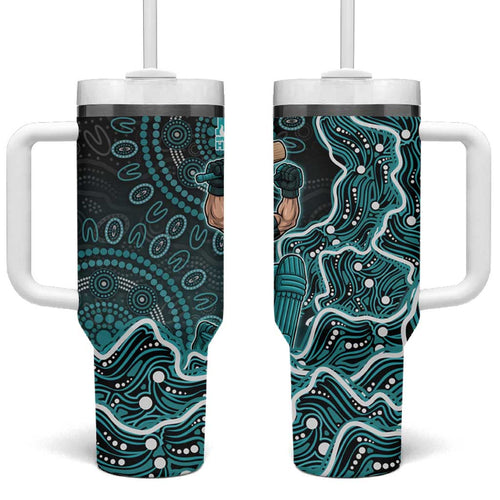 Brisbane Heat Cricket Mascot Tumbler With Handle Aboriginal Dot Art Cyan And Black Tribal Pattern