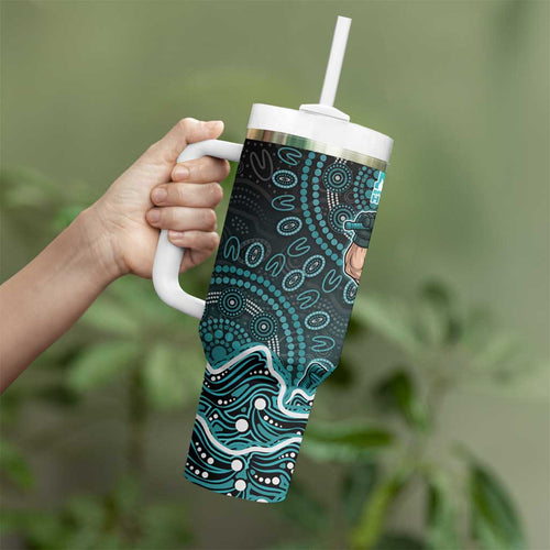 Brisbane Heat Cricket Mascot Tumbler With Handle Aboriginal Dot Art Cyan And Black Tribal Pattern