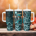Brisbane Heat Cricket Mascot Tumbler With Handle Aboriginal Dot Art Cyan And Black Tribal Pattern