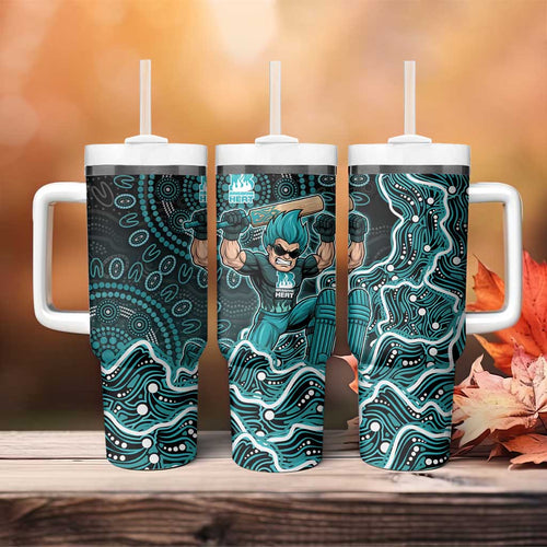 Brisbane Heat Cricket Mascot Tumbler With Handle Aboriginal Dot Art Cyan And Black Tribal Pattern