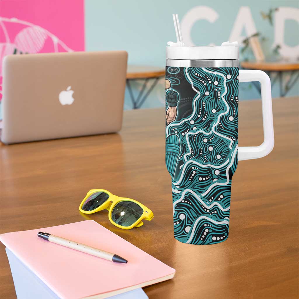Brisbane Heat Cricket Mascot Tumbler With Handle Aboriginal Dot Art Cyan And Black Tribal Pattern