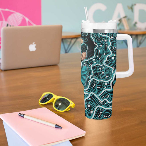 Brisbane Heat Cricket Mascot Tumbler With Handle Aboriginal Dot Art Cyan And Black Tribal Pattern
