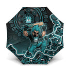 Brisbane Heat Cricket Mascot Umbrella Aboriginal Dot Art Cyan And Black Tribal Pattern