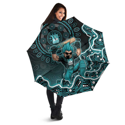 Brisbane Heat Cricket Mascot Umbrella Aboriginal Dot Art Cyan And Black Tribal Pattern