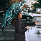 Brisbane Heat Cricket Mascot Umbrella Aboriginal Dot Art Cyan And Black Tribal Pattern