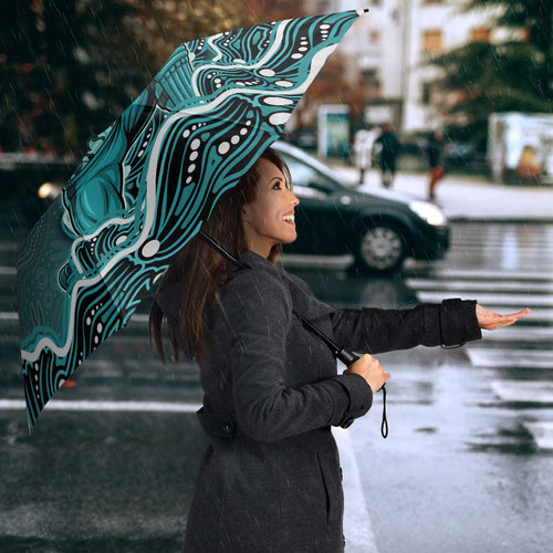 Brisbane Heat Cricket Mascot Umbrella Aboriginal Dot Art Cyan And Black Tribal Pattern