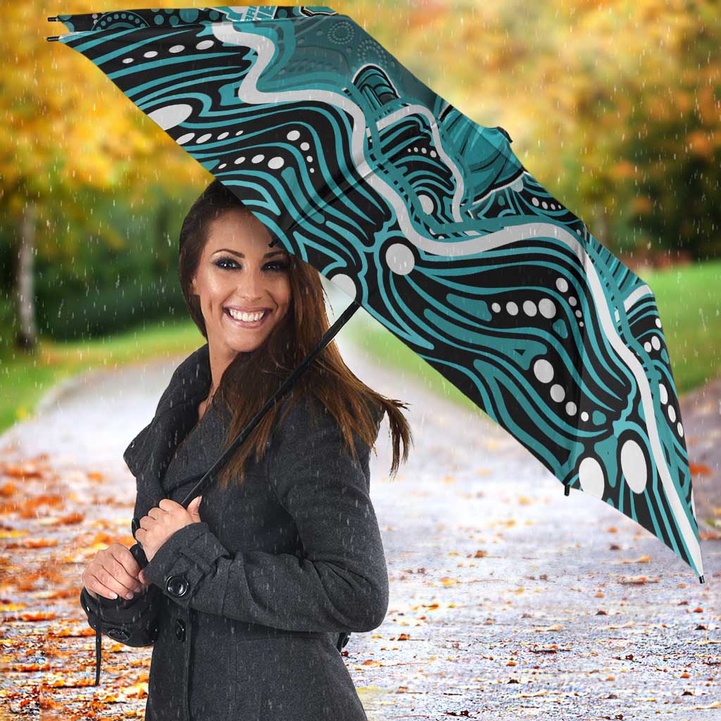 Brisbane Heat Cricket Mascot Umbrella Aboriginal Dot Art Cyan And Black Tribal Pattern