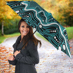 Brisbane Heat Cricket Mascot Umbrella Aboriginal Dot Art Cyan And Black Tribal Pattern