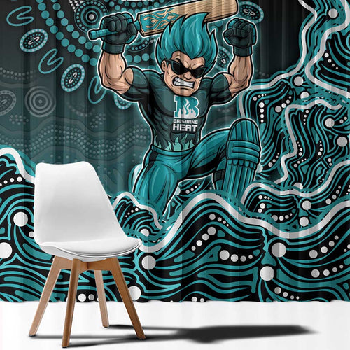 Brisbane Heat Cricket Mascot Window Curtain Aboriginal Dot Art Cyan And Black Tribal Pattern