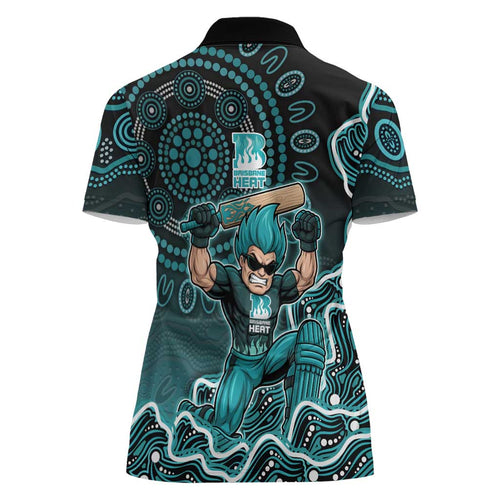 Brisbane Heat Cricket Mascot Women Polo Shirt Aboriginal Dot Art Cyan And Black Tribal Pattern