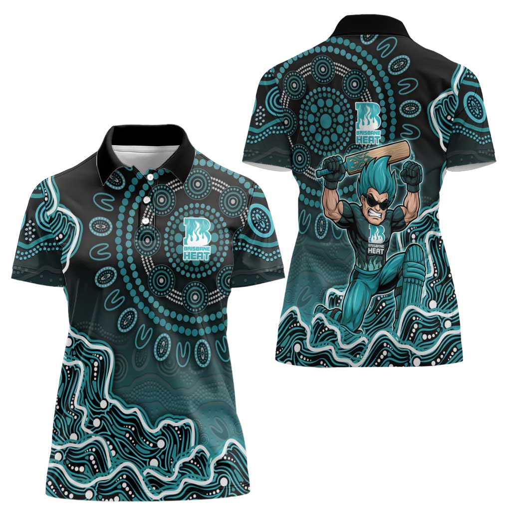 Brisbane Heat Cricket Mascot Women Polo Shirt Aboriginal Dot Art Cyan And Black Tribal Pattern