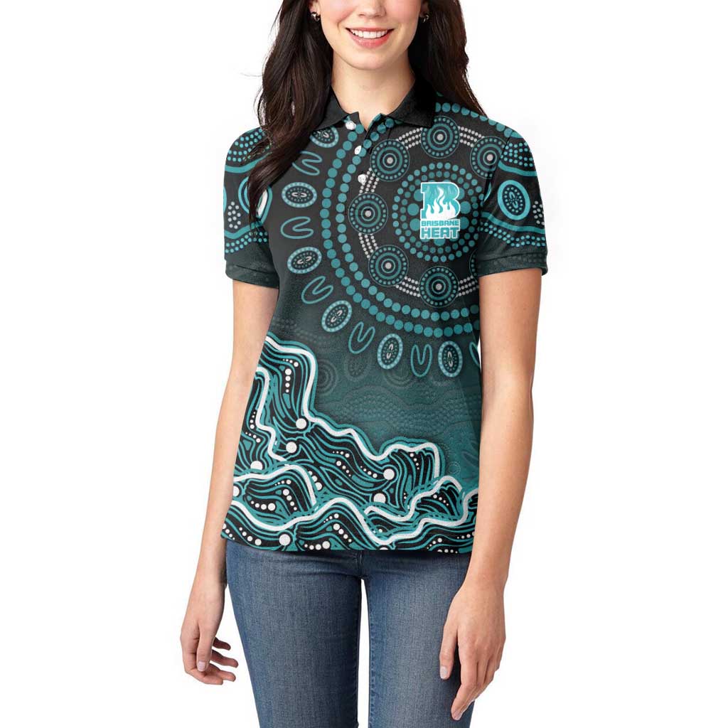 Brisbane Heat Cricket Mascot Women Polo Shirt Aboriginal Dot Art Cyan And Black Tribal Pattern
