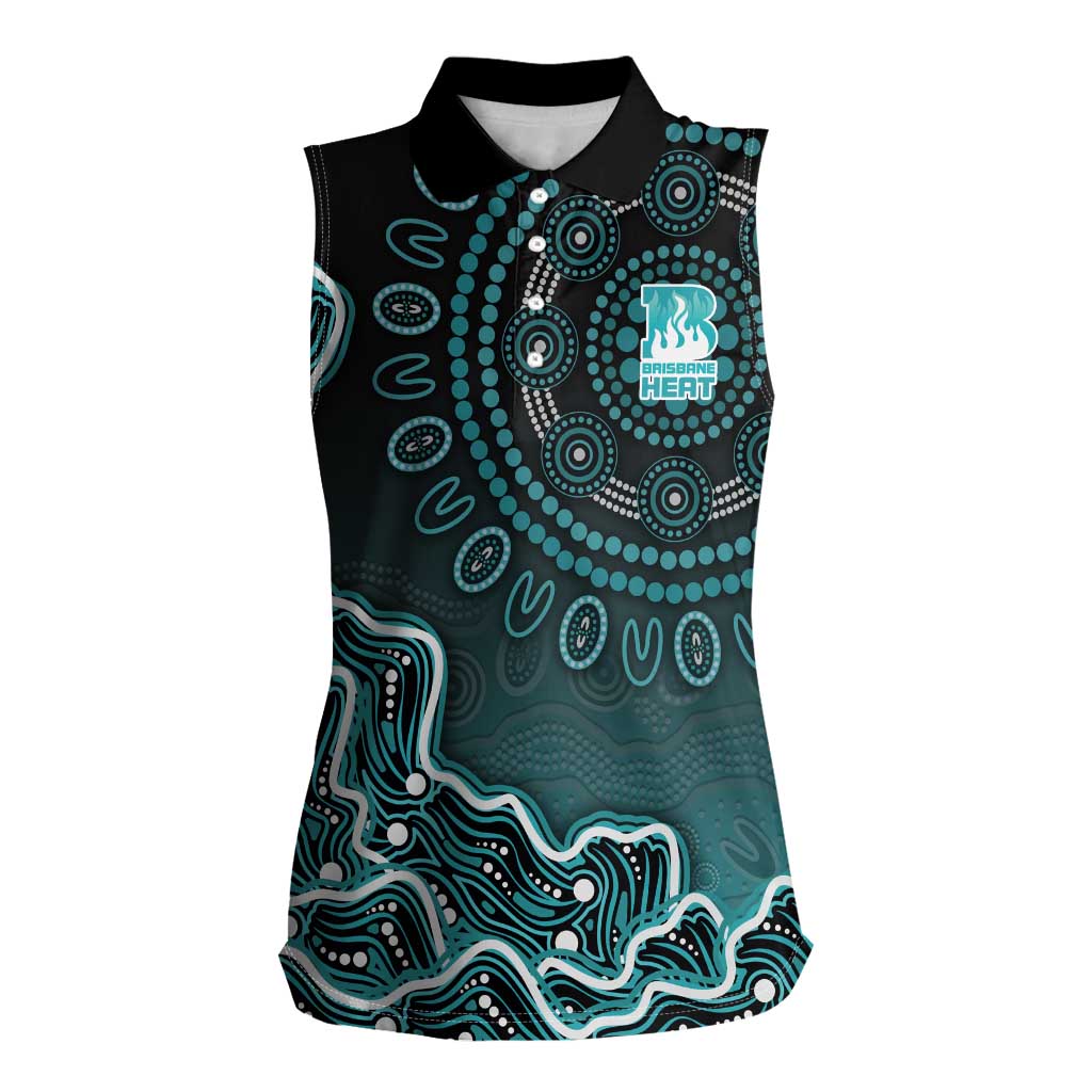 Brisbane Heat Cricket Mascot Women Sleeveless Polo Shirt Aboriginal Dot Art Cyan And Black Tribal Pattern