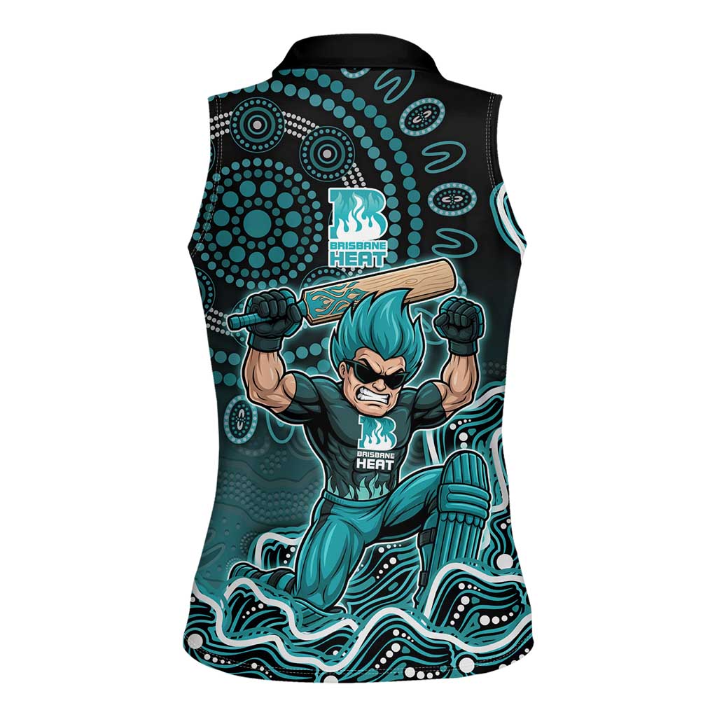 Brisbane Heat Cricket Mascot Women Sleeveless Polo Shirt Aboriginal Dot Art Cyan And Black Tribal Pattern