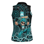Brisbane Heat Cricket Mascot Women Sleeveless Polo Shirt Aboriginal Dot Art Cyan And Black Tribal Pattern