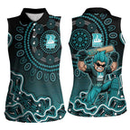 Brisbane Heat Cricket Mascot Women Sleeveless Polo Shirt Aboriginal Dot Art Cyan And Black Tribal Pattern