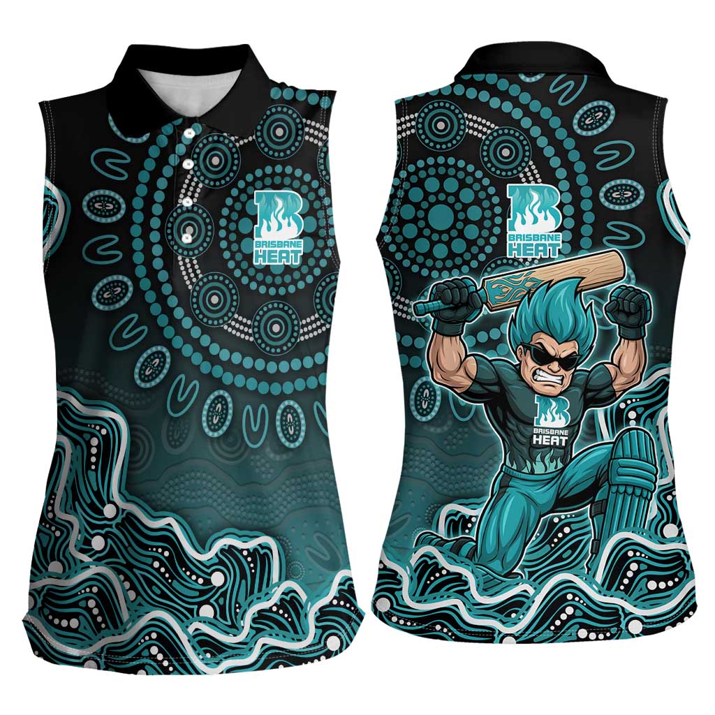 Brisbane Heat Cricket Mascot Women Sleeveless Polo Shirt Aboriginal Dot Art Cyan And Black Tribal Pattern