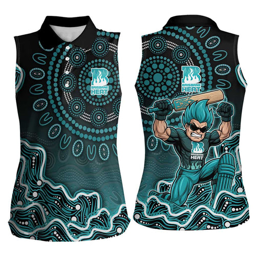 Brisbane Heat Cricket Mascot Women Sleeveless Polo Shirt Aboriginal Dot Art Cyan And Black Tribal Pattern