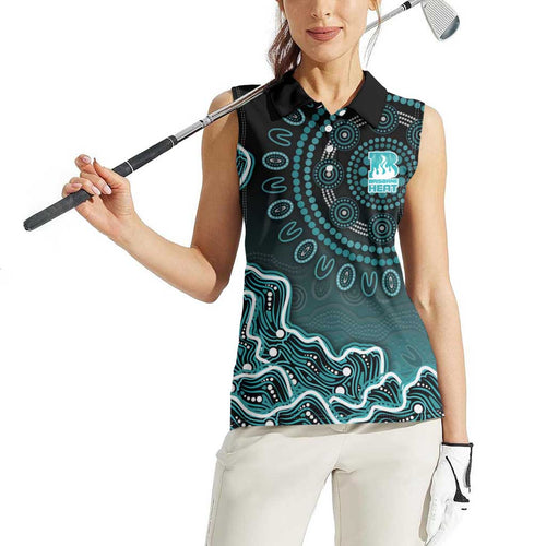Brisbane Heat Cricket Mascot Women Sleeveless Polo Shirt Aboriginal Dot Art Cyan And Black Tribal Pattern