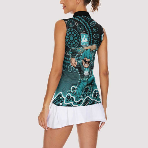 Brisbane Heat Cricket Mascot Women Sleeveless Polo Shirt Aboriginal Dot Art Cyan And Black Tribal Pattern