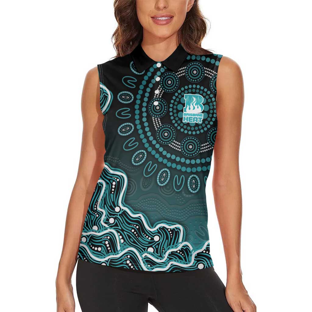 Brisbane Heat Cricket Mascot Women Sleeveless Polo Shirt Aboriginal Dot Art Cyan And Black Tribal Pattern