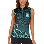 Brisbane Heat Cricket Mascot Women Sleeveless Polo Shirt Aboriginal Dot Art Cyan And Black Tribal Pattern