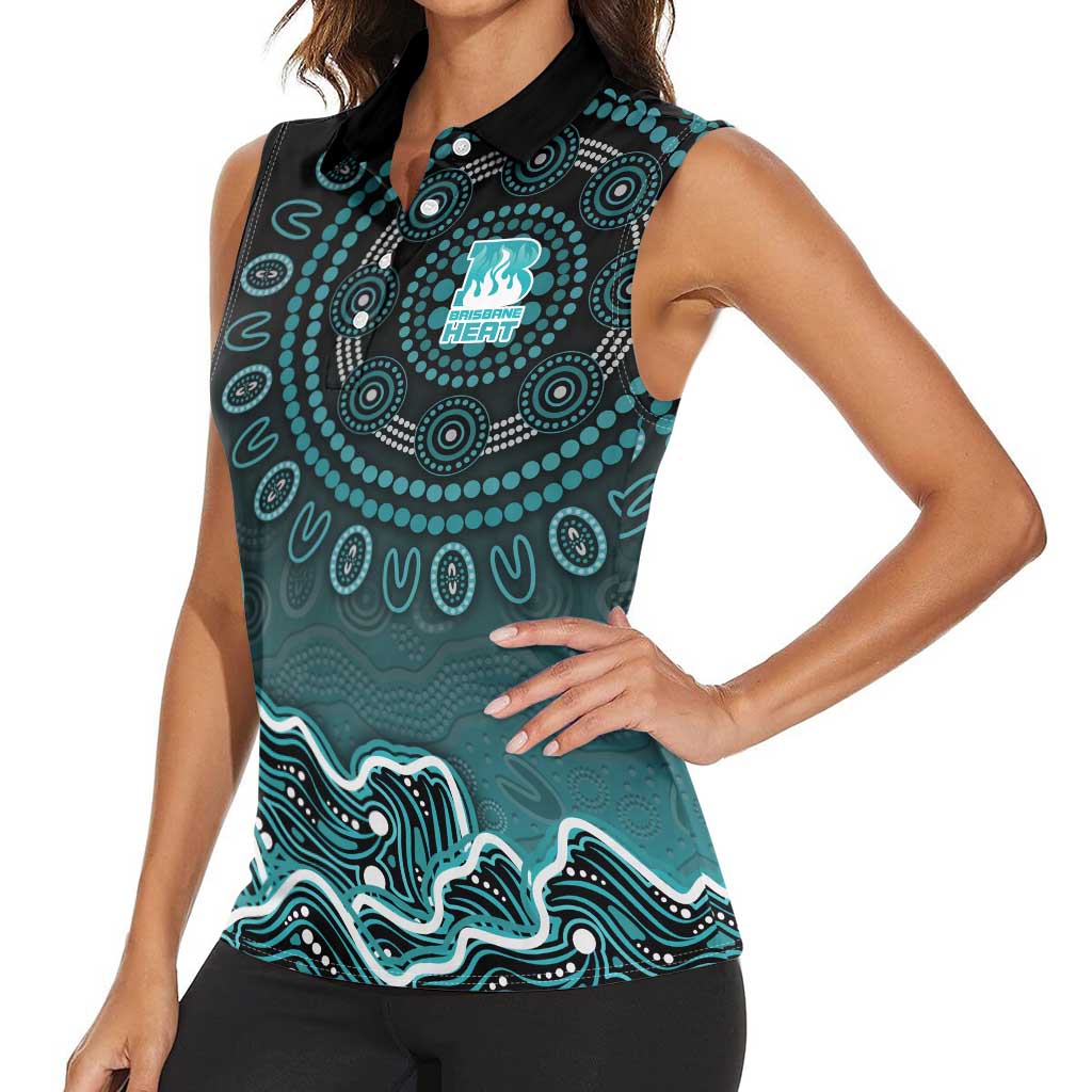 Brisbane Heat Cricket Mascot Women Sleeveless Polo Shirt Aboriginal Dot Art Cyan And Black Tribal Pattern