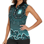 Brisbane Heat Cricket Mascot Women Sleeveless Polo Shirt Aboriginal Dot Art Cyan And Black Tribal Pattern