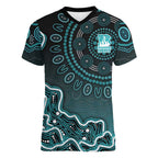 Brisbane Heat Cricket Mascot Women V-Neck T-Shirt Aboriginal Dot Art Cyan And Black Tribal Pattern