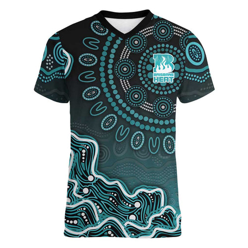 Brisbane Heat Cricket Mascot Women V-Neck T-Shirt Aboriginal Dot Art Cyan And Black Tribal Pattern