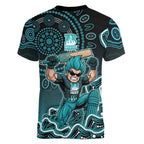 Brisbane Heat Cricket Mascot Women V-Neck T-Shirt Aboriginal Dot Art Cyan And Black Tribal Pattern