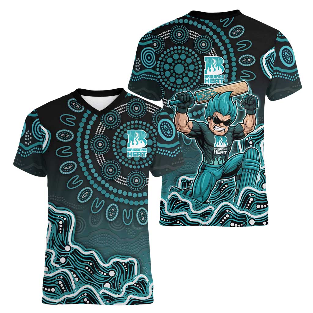 Brisbane Heat Cricket Mascot Women V-Neck T-Shirt Aboriginal Dot Art Cyan And Black Tribal Pattern